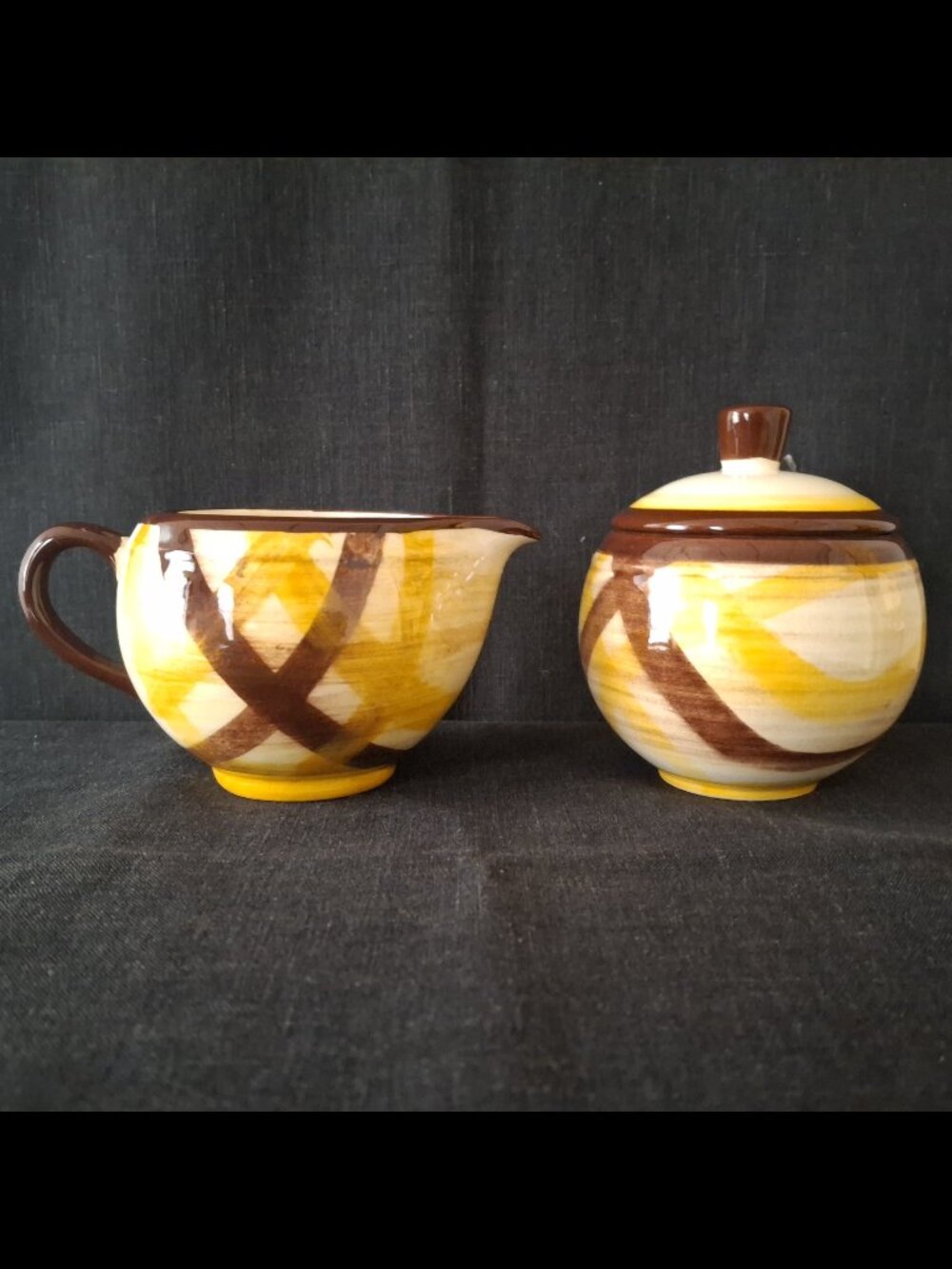 Vintage Vernon Kilns Dinnerware Organdie Brown Yellow Plaid Creamer, Sugar & Lid